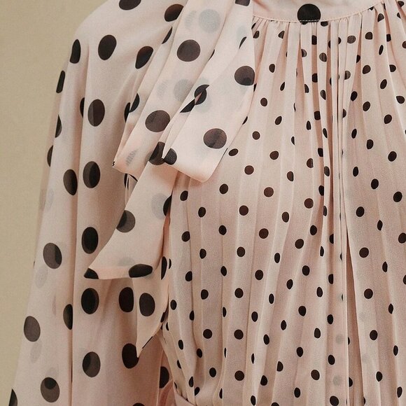 Baby Pink Elegant Women's & Polka Dot Pleated Tie Front Long Sleeve Blouse - Picture 5 of 7